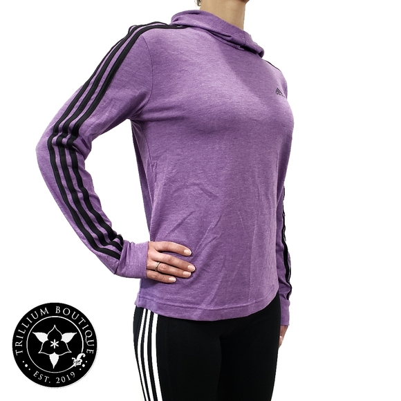 Adidas Climalite Women's Jersey Hoodie Purple Adidas Iconic Stripes and Logo NWT - Picture 3 of 5